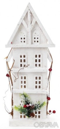 Декор "Зимний домик" изготовлен из комбинированных материалов. Деревянный домик,. . фото 1