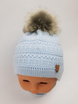 Детские польские зимние вязаные шапки на флисе с завязками и помпоном оптом для . . фото 4