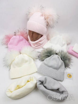 Детские польские зимние вязаные шапки на флисе с завязками оптом для девочек, р.. . фото 1