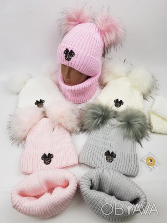 Детские польские зимние вязаные шапки на флисе с завязками оптом для девочек, р.. . фото 1