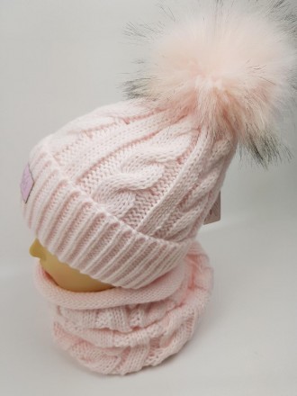 Детские польские зимние вязаные шапки на флисе оптом для девочек, р.50-52, Ambra. . фото 4