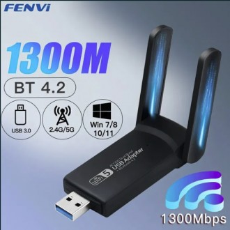 Wi-Fi адаптер 1300 Мбит/с 5 ГГц и 2,4 ГГц двухдиапазонный Bluetooth 4,2 USB Wi-F. . фото 4