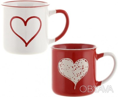 Чашка фарфоровая "Белое&Красное Сердце" с ярким красным декором и сердцами. Полн. . фото 1