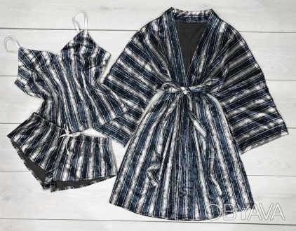 
	Домашня одяг комплект халат+майка+шорти
	Модель пошита з красивою тканини велю. . фото 1