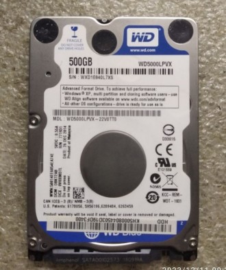 Жесткий диск WD Blue 500GB 2.5
Диск б.у. Без дефектов
Смарт на фото. 
Цена бе. . фото 2