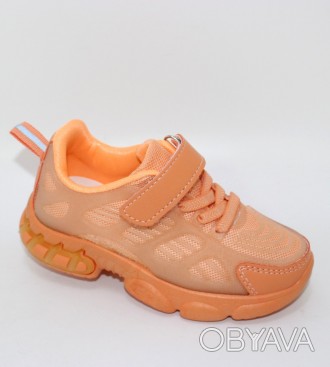 Текстильні помаранчеві дитячі кросівки із силіконовим каркасним оздобленням. пом. . фото 1