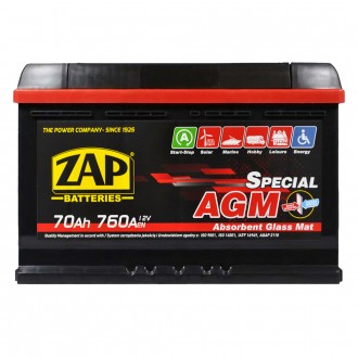 ZAP AGM 70Ah 760A R+ (L3) (570 02). . фото 2