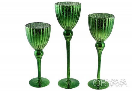 Набір (3 шт) скляних свічників Хвиля, 30/35/40см, колір - зелений
Розмір: 13*30с. . фото 1