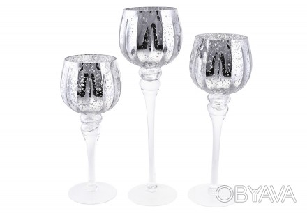 Набір (3 шт) скляних свічників, 30/35/40см, колір - срібло антик
Розмір: 13*30см. . фото 1