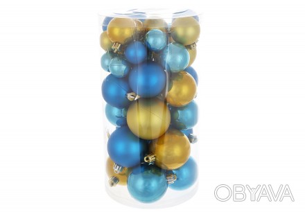 Набір ялинкових куль, колір - синій із золотим, 40шт - 6см, 5см, 4см, 3см: перла. . фото 1