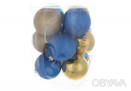 Набір ялинкових куль 8см, колір - сині із золотими, 12шт: глянець, гліттер - по . . фото 1