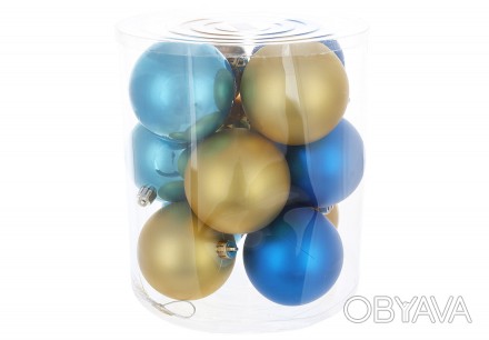 Набір ялинкових куль 8см, колір - сині із золотими, 12шт: матові, перламутрові -. . фото 1