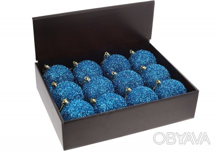 Набор (12шт.) елочных шаров с блестящей присыпкой 8см, цвет - синий
Материал: пл. . фото 1