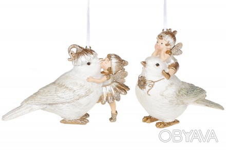 Декоративна підвісна фігурка Пташка з феєю, 10.8см, 2 дизайни, колір - білий із . . фото 1