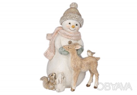 Декоративная фигура Снеговик с лесными друзьями 11.5х16.5см, цвет - светло-кремо. . фото 1
