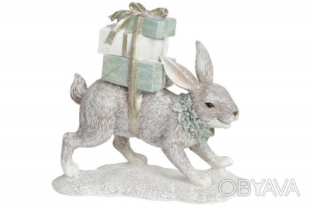 Декоративная статуэтка Заяц с подарками, 19.5см, цвет - серый с мятным
Размер 19. . фото 1