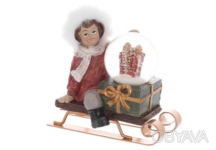 Декоративна статуетка з водяною кулею Хлопчик на санчатах з подарунками 10.5*11с. . фото 1