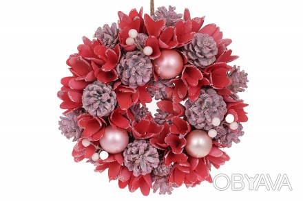 Вінок новорічний з декором з шишок, куль та ягід, 26см, колір - рожевий з корало. . фото 1