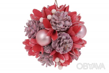 Підвісний декор Куля з шишок, куль і ягід, 14см, колір - рожевий з кораловим
Роз. . фото 1