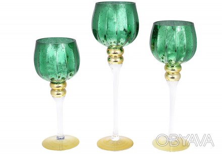 Набор (3шт) стеклянных подсвечников, 30/35/40см, цвет - изумрудно-зеленый с золо. . фото 1
