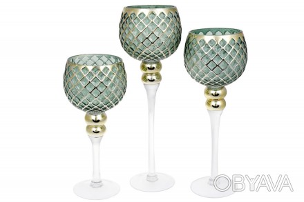 Набір (3 шт) скляних свічників, 30/35/40см, колір - зелений із золотим візерунко. . фото 1