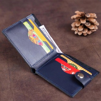 Тонкий чоловічий синій гаманець,бумажник, портмоне синє з якісної натуральної шк. . фото 3
