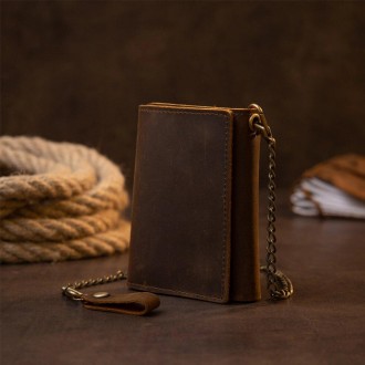 Вертикальне портмоне гаманець на ланцюжку міцний коричневий, матовий виготовлени. . фото 2