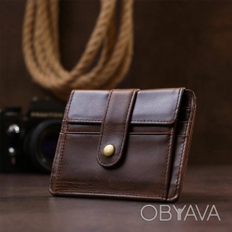 Стильний чоловічий коричневий гаманець компактний, із зовнішньою кишенею для мон. . фото 1