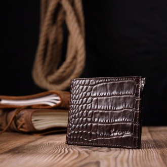 Стильне портмоне тонке, бумажник коричневий виготовлений з телячої натуральної ш. . фото 2