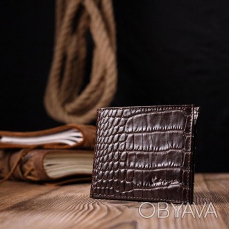 Стильне портмоне тонке, бумажник коричневий виготовлений з телячої натуральної ш. . фото 1