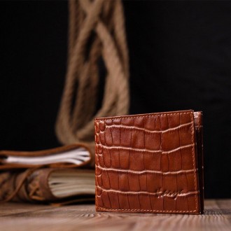 Стильне руде портмоне тонке, гаманець світло-коричневий виготовлений з телячої н. . фото 2