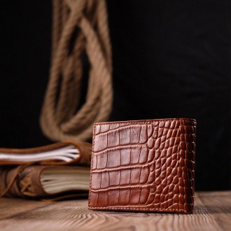 Стильне руде портмоне тонке, гаманець світло-коричневий виготовлений з телячої н. . фото 3