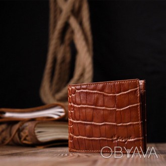 Стильне руде портмоне тонке, гаманець світло-коричневий виготовлений з телячої н. . фото 1