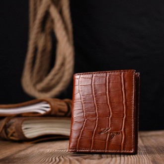 Стильний рудий бумажник, чоловічий гаманець світло-коричневий виготовлений з тел. . фото 2