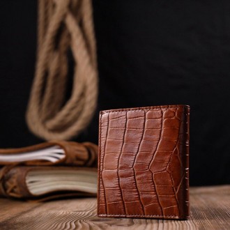 Стильний рудий бумажник, чоловічий гаманець світло-коричневий виготовлений з тел. . фото 3