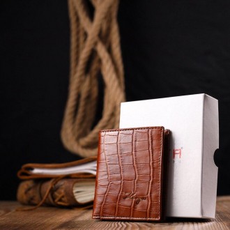 Стильний рудий бумажник, чоловічий гаманець світло-коричневий виготовлений з тел. . фото 8