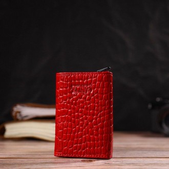 Жіночий червоний стильний гаманець для карток, кардхолдер виготовлений з телячої. . фото 2