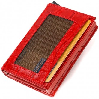 Жіночий червоний стильний гаманець для карток, кардхолдер виготовлений з телячої. . фото 4