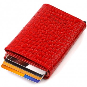 Жіночий червоний стильний гаманець для карток, кардхолдер виготовлений з телячої. . фото 6
