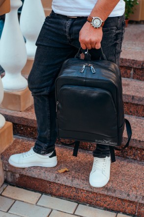 
Городской мужской рюкзак из натуральной кожи портфель Черный Tiding Bag 72-8781. . фото 6