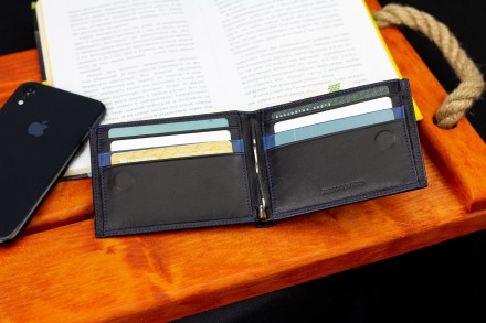 
Чорне портмоне з натуральної шкіри з синім обрамленням Marco Coverna MC-1008 A . . фото 10