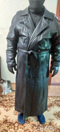 Плащ-пальто, кожаный, длинный, производство Корея, цвет - черный, с утепленной п. . фото 1
