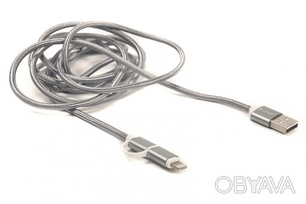 Kабель PowerPlant Quick Charge 2A 2-в-1 cotton USB 2.0 AM – Lightning/Micro 2м g. . фото 1