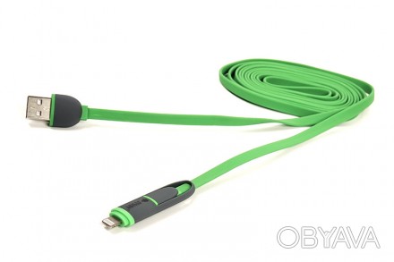 Kабель PowerPlant Quick Charge 2A 2-в-1 flat USB 2.0 AM – Lightning/Micro 2м gre. . фото 1