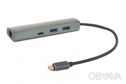 Переходник PowerPlant USB 3.0 2 порта + 1 порт Type-C USB 3.1 + Gigabit Ethernet. . фото 1