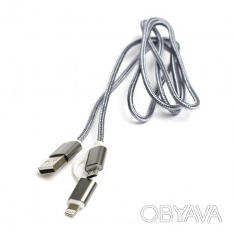 Kабель PowerPlant Quick Charge 2A 2-в-1 cotton USB 2.0 AM – Lightning/Micro 1м g. . фото 1
