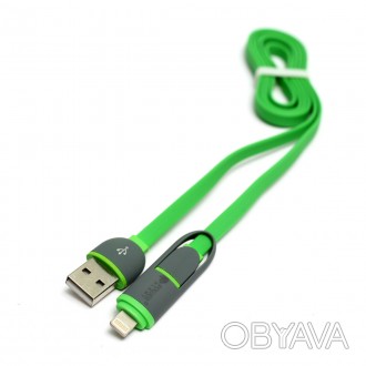 Kабель PowerPlant Quick Charge 2A 2-в-1 flat USB 2.0 AM – Lightning/Micro 1м gre. . фото 1