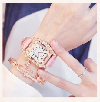 Комплект из 2 шт., женские часы со стразами, звездный квадратный циферблат и бра. . фото 5