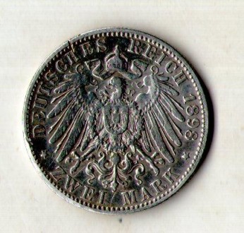 Німецька імперія - Прусія 2 марки 1898 рік Вільгельм II срібло №1085. . фото 3