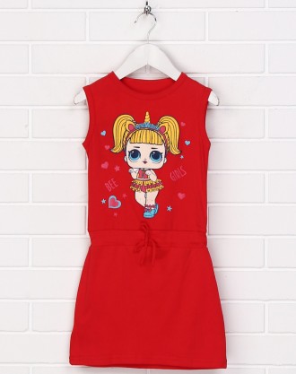 Детское красное яркое платье 19ДД399-24-Н с принтом. Материал – 95% хлопок и 5% . . фото 2